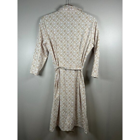 J. McLaughlin Gilchrist Belted Shirt Dress Size M Tan White Geometric Catalina - Picture 7 of 9